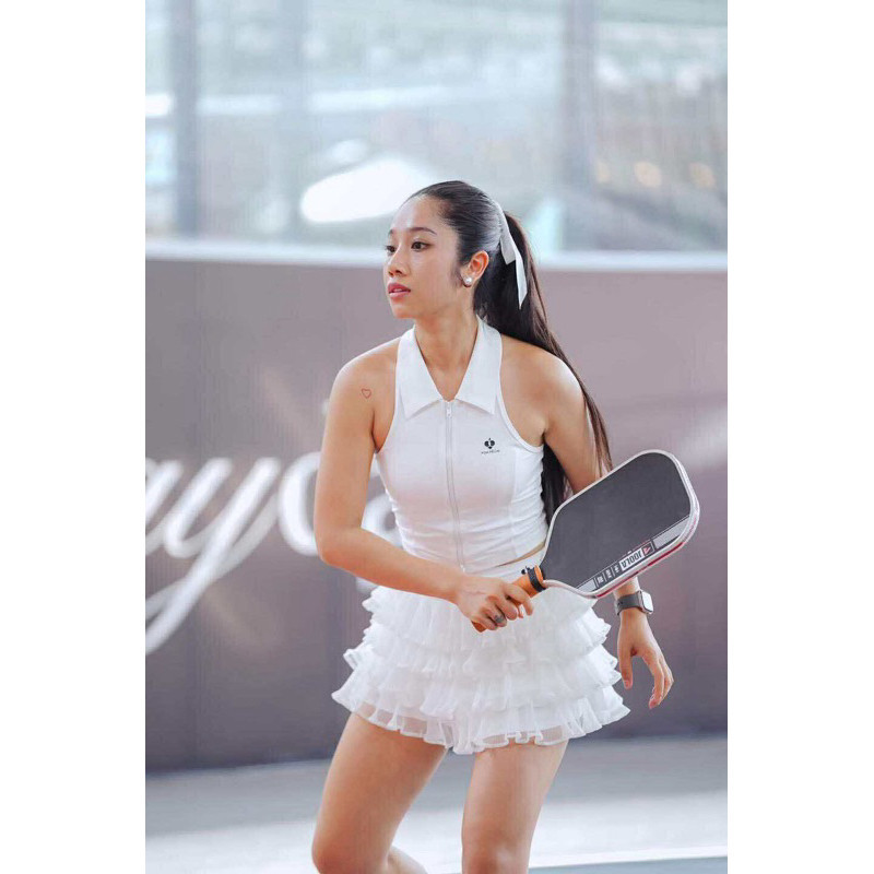 [PICKLEBALL NEW] Set thể thao Pomcher Áo bra mở khoá đệm đúc -Chân váy tầng tập pickleball, tennis