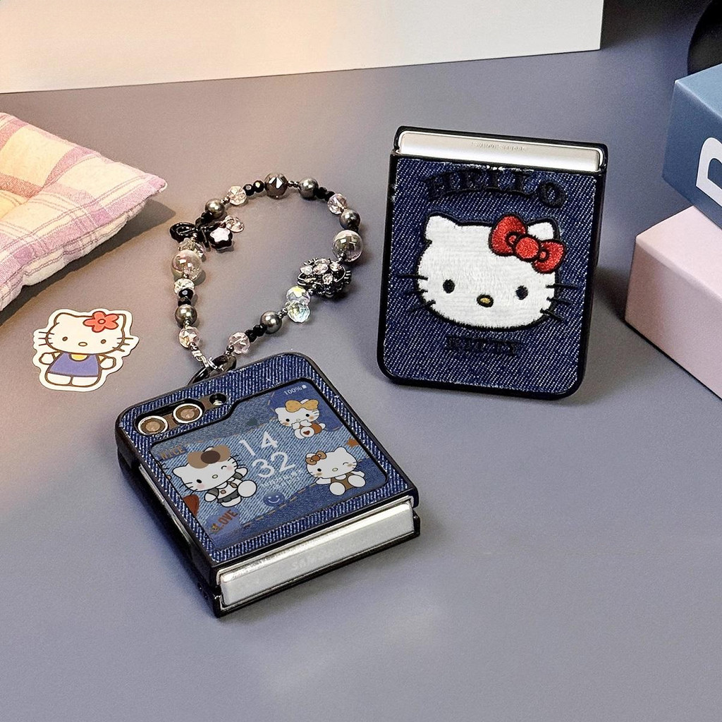 Thích Hợp Cho Samsung Galaxy Z Flip7 Flip6 Blue Cowboy Thêu Vòng Tay Mèo Vỏ Điện Thoại Cho ZFlip 7 6 5 4 3 5G N3Flip MixFlip Dây Gấp Bảo Vệ Cứng
