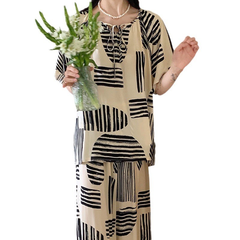 Bộ Đồ Ngủ Nữ Mùa Hè Cotton Lụa, Phong Cách Mới Sọc, Kích Thước Lớn, Phù Hợp Làm Loungewear