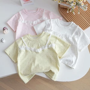 Mùa Hè Phong Cách Mới Bé Gái Ngọt Ngào Ren Áo Thun Tay Ngắn Ren Cho Bé In Full Phiên Bản Hàn Quốc Trẻ Em Top