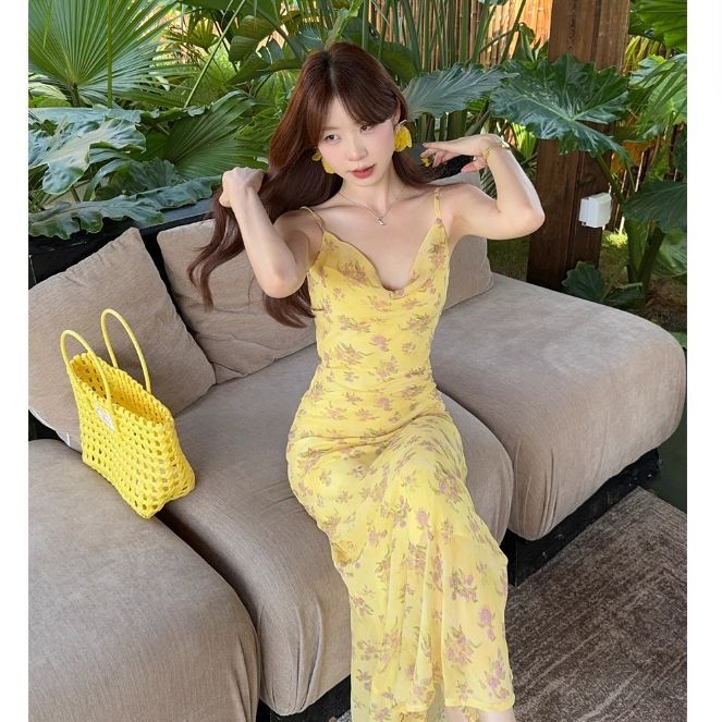 Đầm hoa mùa hè phong cách Pháp, thiết kế sling ôm eo, dáng dài