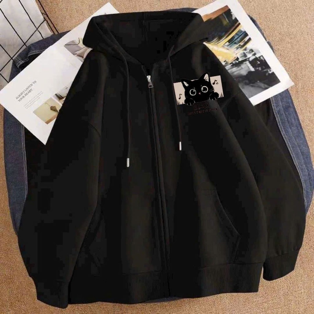 Áo Khoác Nỉ Mũ 2 Lớp Form Rộng Unisex Đẹp - mùa đông mèo ngực bờ lách