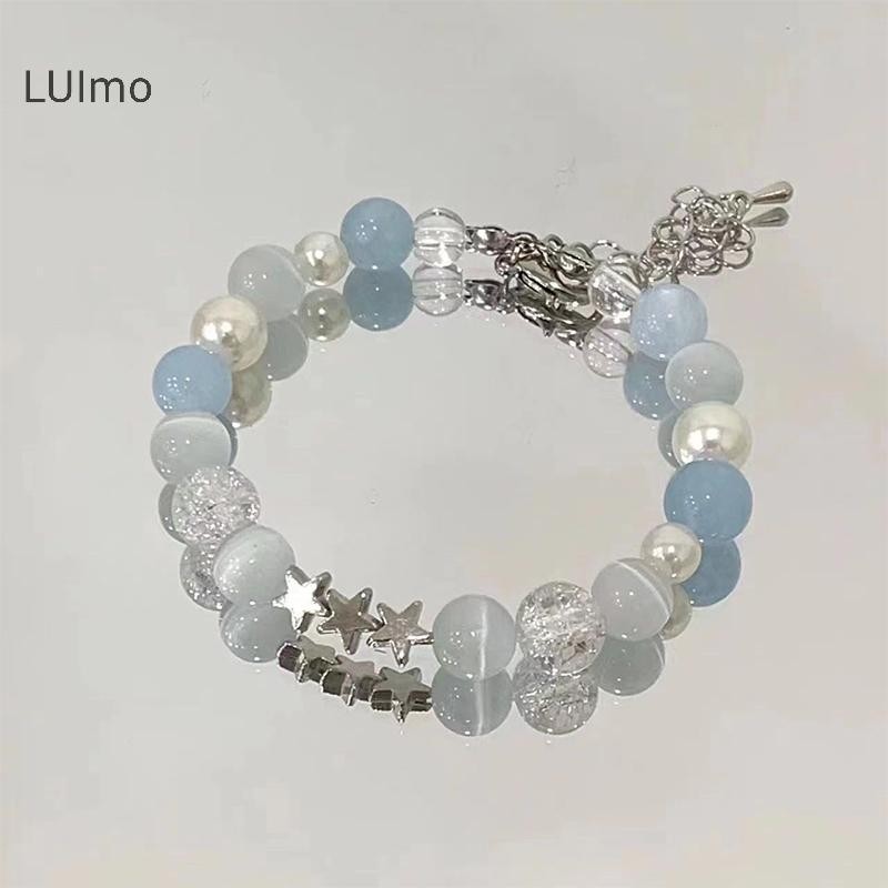 Vòng tay nữ LUImo phong cách Harajuku với ngọc trai đính hạt và màu xanh thủy tinh bóng, phù hợp làm quà tặng theo xu hướng Y2K