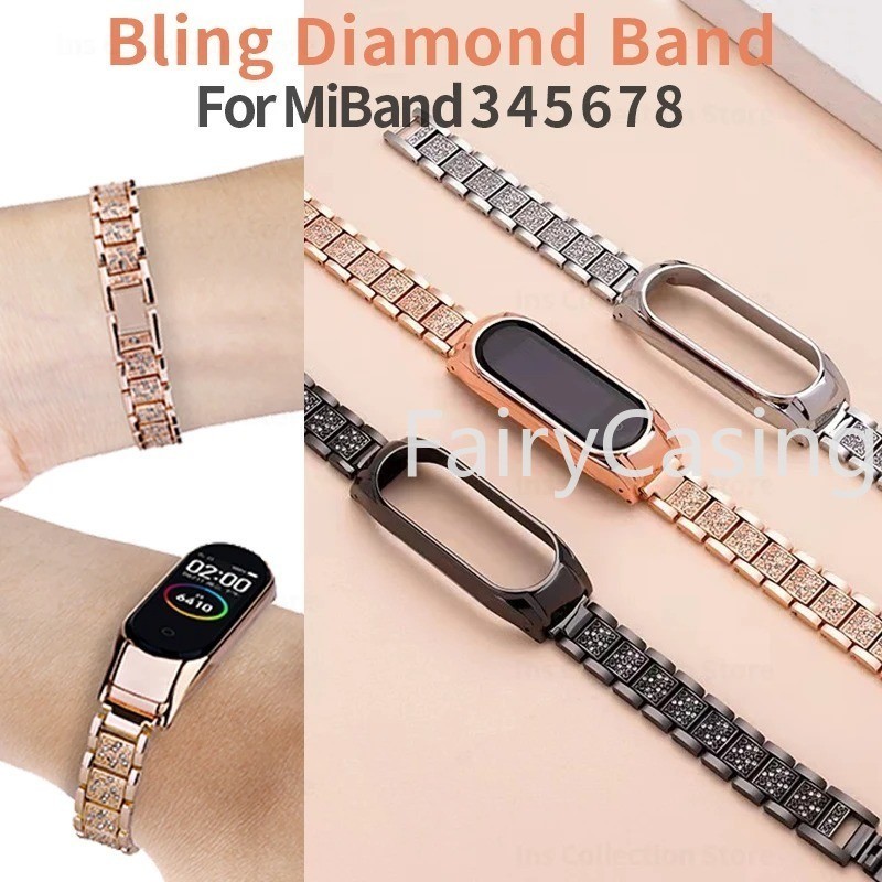 Dây đeo bằng thép không gỉ cho Xiaomi Mi Band 10 9 8 7 6 4 5 Cổ tay Vòng tay kim loại lấp lánh sang trọng cho Mi Band 6 4 3 5 Dây đeo kim cương