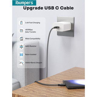 Ibumpers 2.4A Dây truyền dữ liệu cáp USB sang C sạc nhanh cho Android Iphone 15