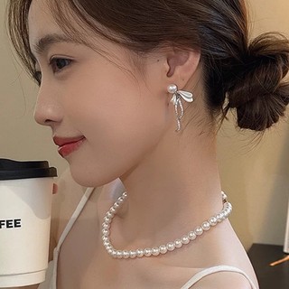 Bông tai tua rua ngọc trai nơ - Pháp cổ điển, ngọt ngào, thanh lịch - Bông tai vòng nơ Zircon - Phụ kiện trang sức - Dành cho đám cưới, tiệc tùng, mặc hàng ngày