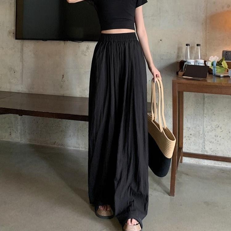 Quần Dài Nữ Ống Rộng Nhăn Cạp Cao Chất Dù Gió Nhăn Siêu Hack Dáng -Q055 Nhung Women Pants Thun Voi Ong Đen