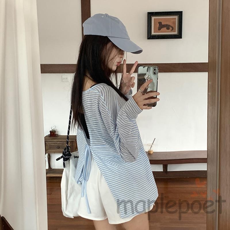 Maplepoet-áo in sọc nữ dài tay cổ tròn Cutout dáng rộng vừa vặn Áo sơ mi mùa xuân mùa thu
