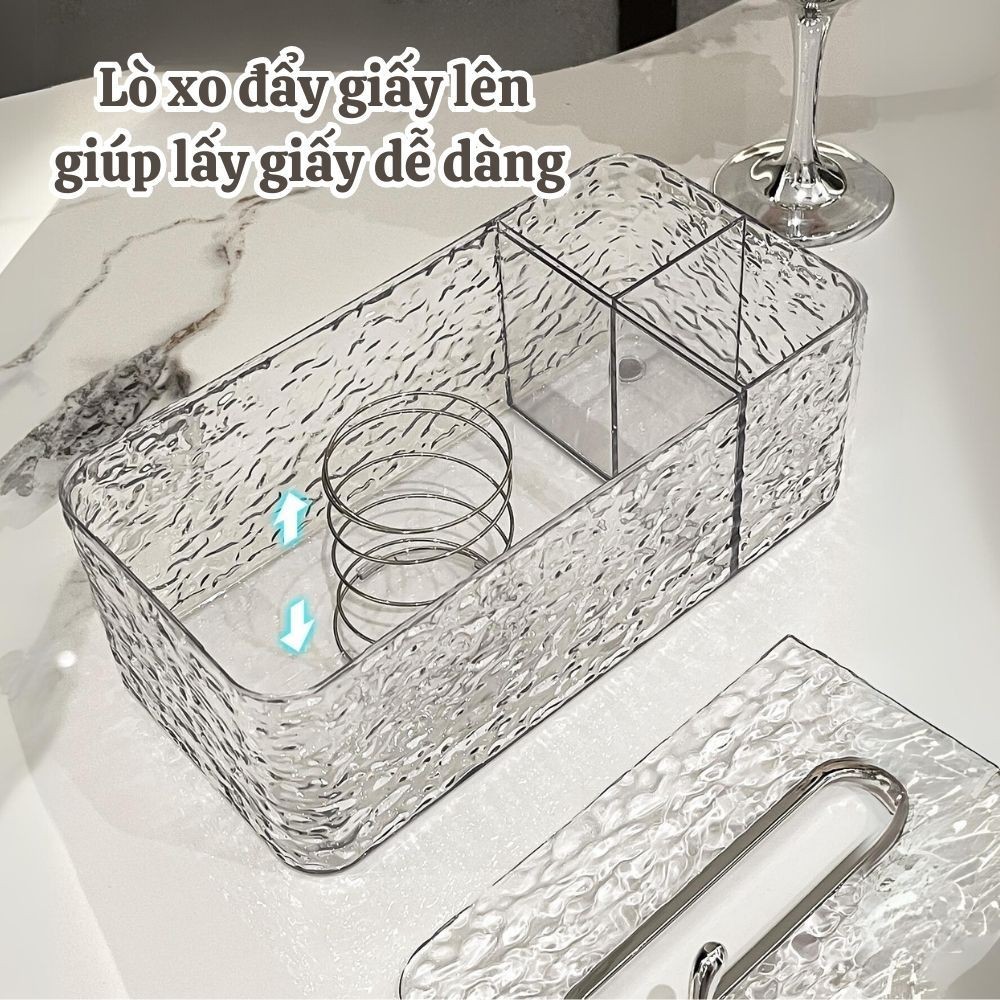 Hộp Đựng Khăn Giấy Vân Kim cương trong suốt kèm khay đựng đồ để bàn họa tiết thỏ sang trọng
