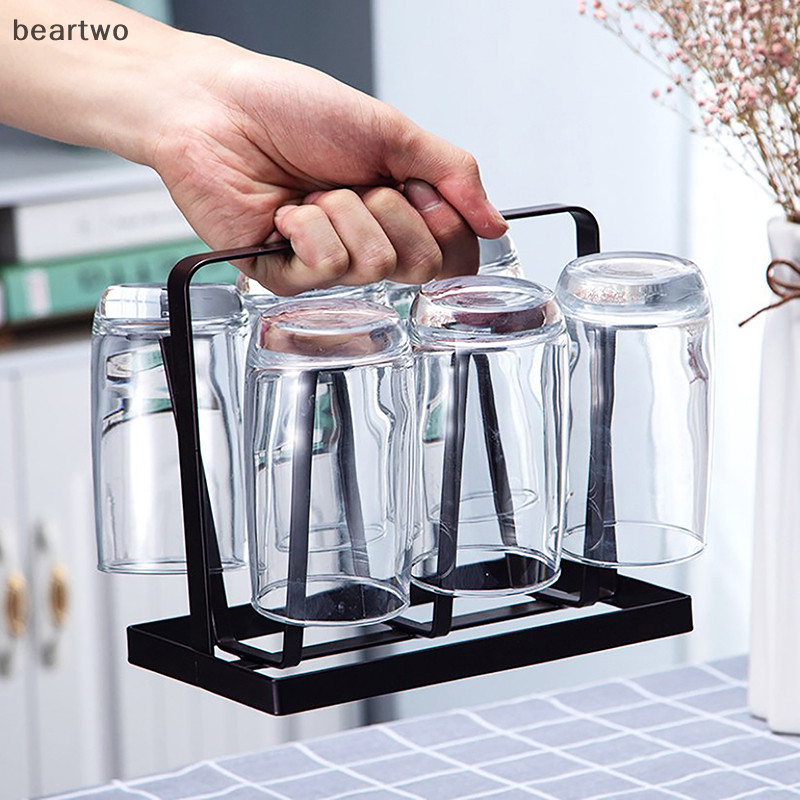 < Beartwo > Giá treo cốc bằng thép 6 móc sắp xếp để đựng kính uống có đầu cao su bảo vệ Móc đẹp
