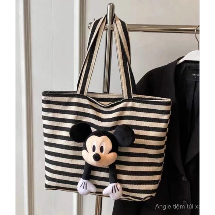 Túi Tote sọc dung tích lớn Túi 2024 nữ túi Tote Mickey hoạt hình dễ thương thời trang mẫu mới Túi Vải Bố đựng sách/Túi tote sọc lớn cho phụ nữ, phiên bản mới nă – 6