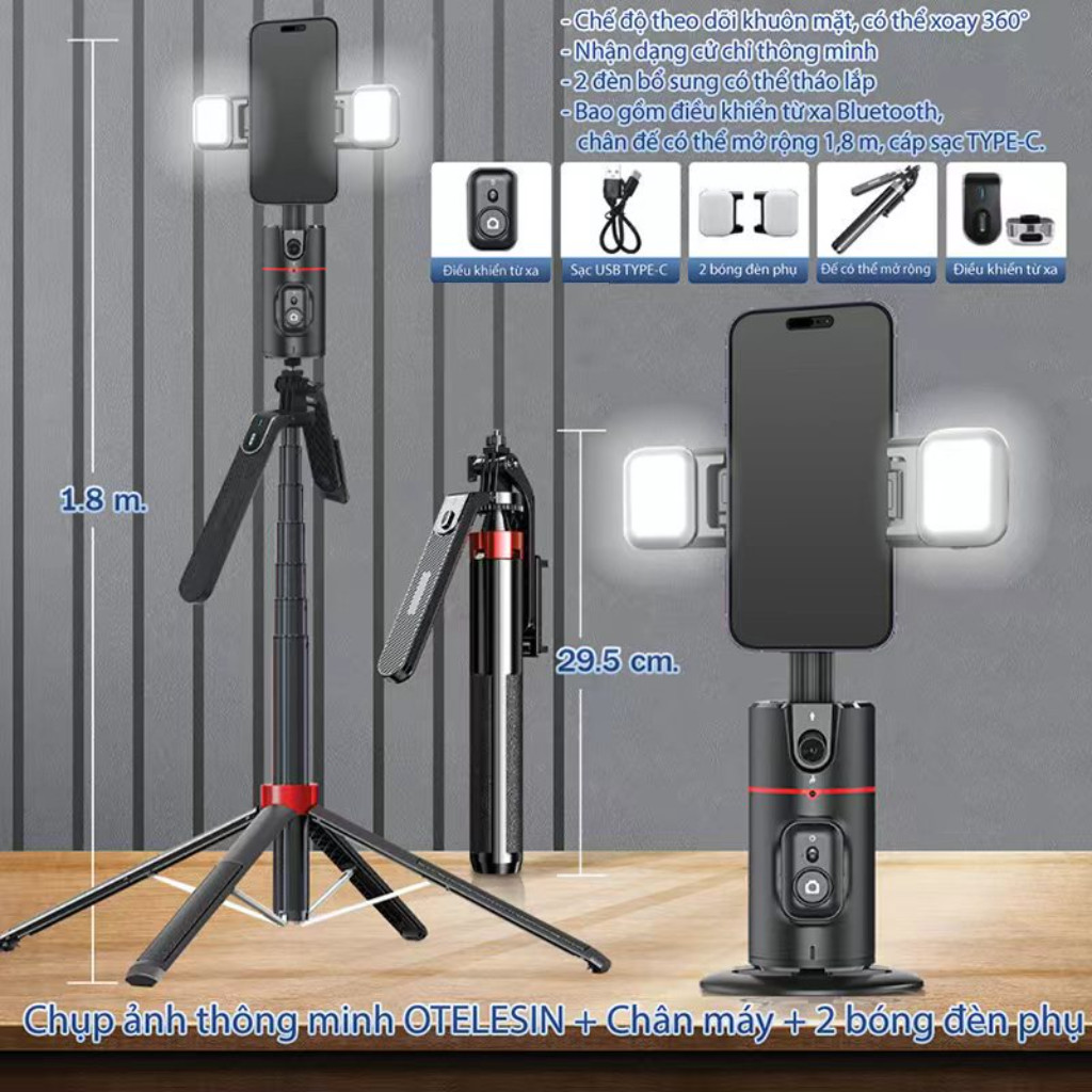 Gậy chụp ảnh 4 chân P185 1m8 có tay quay Video 360 độ siêu chắc chắn, nút remote bluetooth sạc điện livestream, chụp ảnh