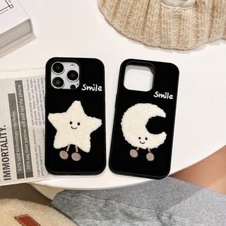 Hoạt Hình Dễ Thương Sang Trọng Ngôi Sao Mặt Trăng Đen Flannel Ốp Lưng Điện Thoại iPhone 16 15 14 13 Pro Max Nữ Tính Mùa Đông