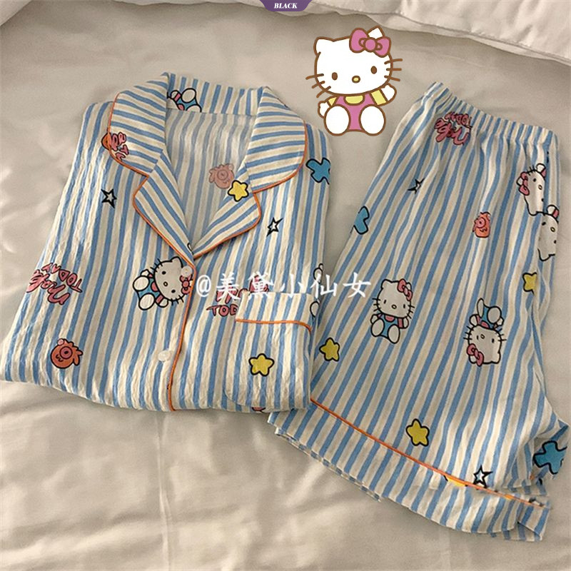 Ins Bộ Đồ Ngủ HelloKitty Dễ Thương Nữ Mùa Hè Sọc Ngắn Tay Quần Short Nhật Bản Mỹ Bé Gái Homewear Suit [BL]