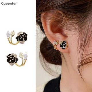 Queenten Độc Đáo Vintage Tính Khí Thanh Lịch Màu Đen Camellia Kim Cương Giả Hoa Nhỏ Phong Cách Mới Bông Tai QT