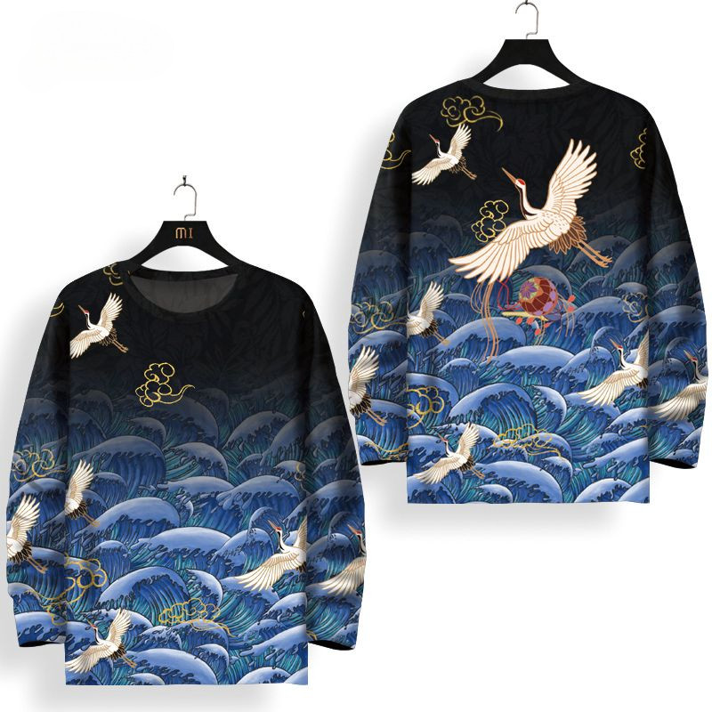 Dài Tay Áo T-Shirt Trung Quốc Phong Cách Cho Nam Giới Crane Top Mùa Thu Lỏng Cộng Với Kích Thước Hàng Đầu Thanh Niên Quần Áo