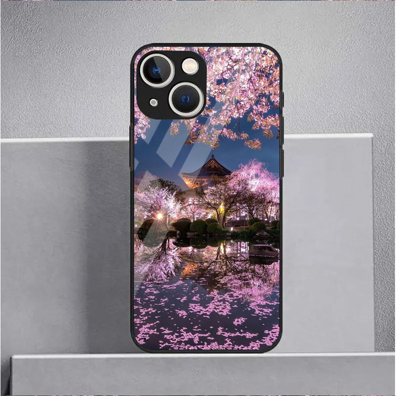 Ốp Điện Thoại Kính Cường Lực Hoa Anh Đào Cho IPhone 15 14 13 12 11 Pro XS Max Plus Mini X XR 8 7 6s SE2 / 3