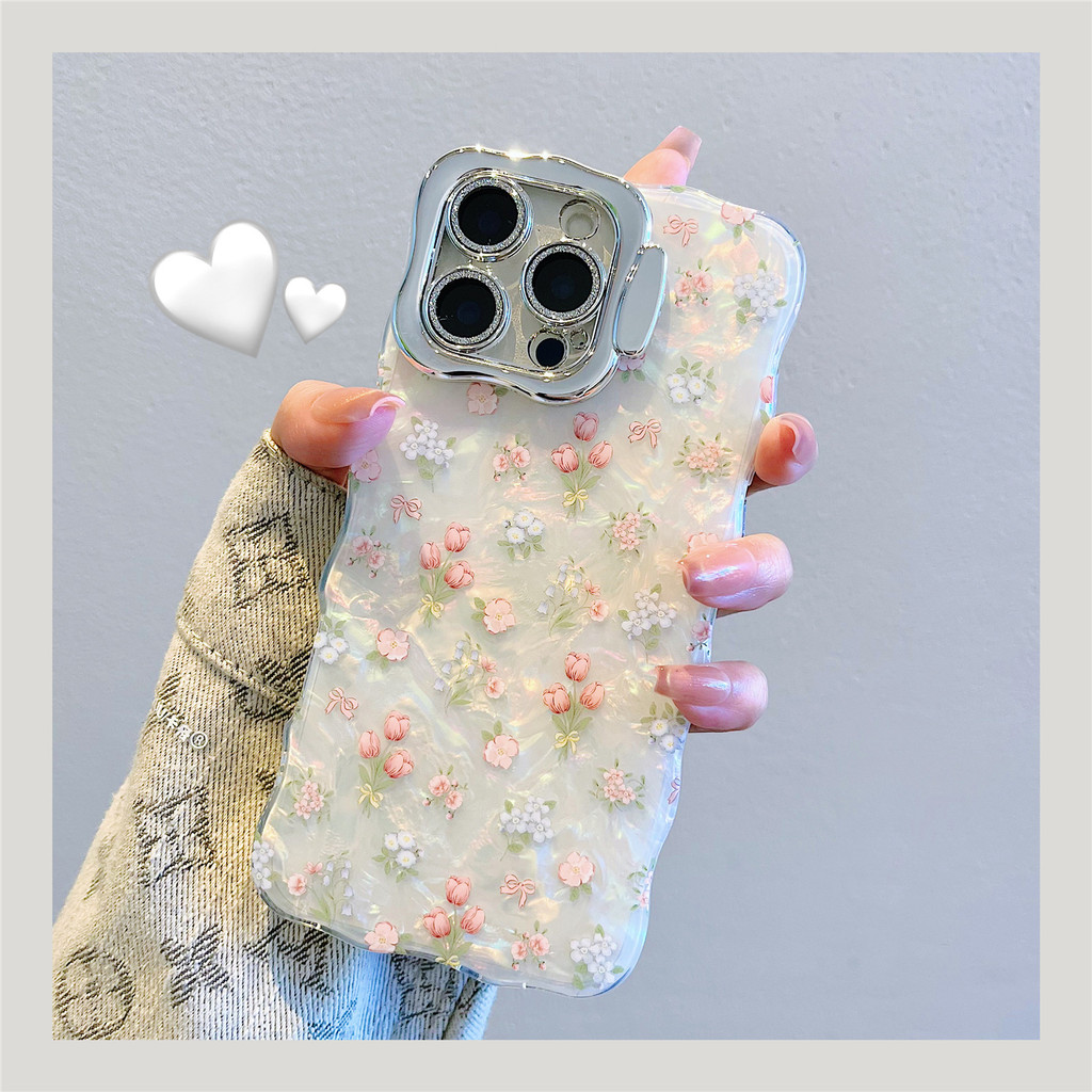 Dành Cho iPhone 16 Pro Max 15 14 Plus 16Pro Tulip Vỏ Hoa Nhỏ Họa Tiết Vỏ Điện Thoại Có Giá Đỡ Chức Năng Vòng Ống Kính Cho iPhone 11 12 13 Pro Max Silicon Mềm Chống Sốc