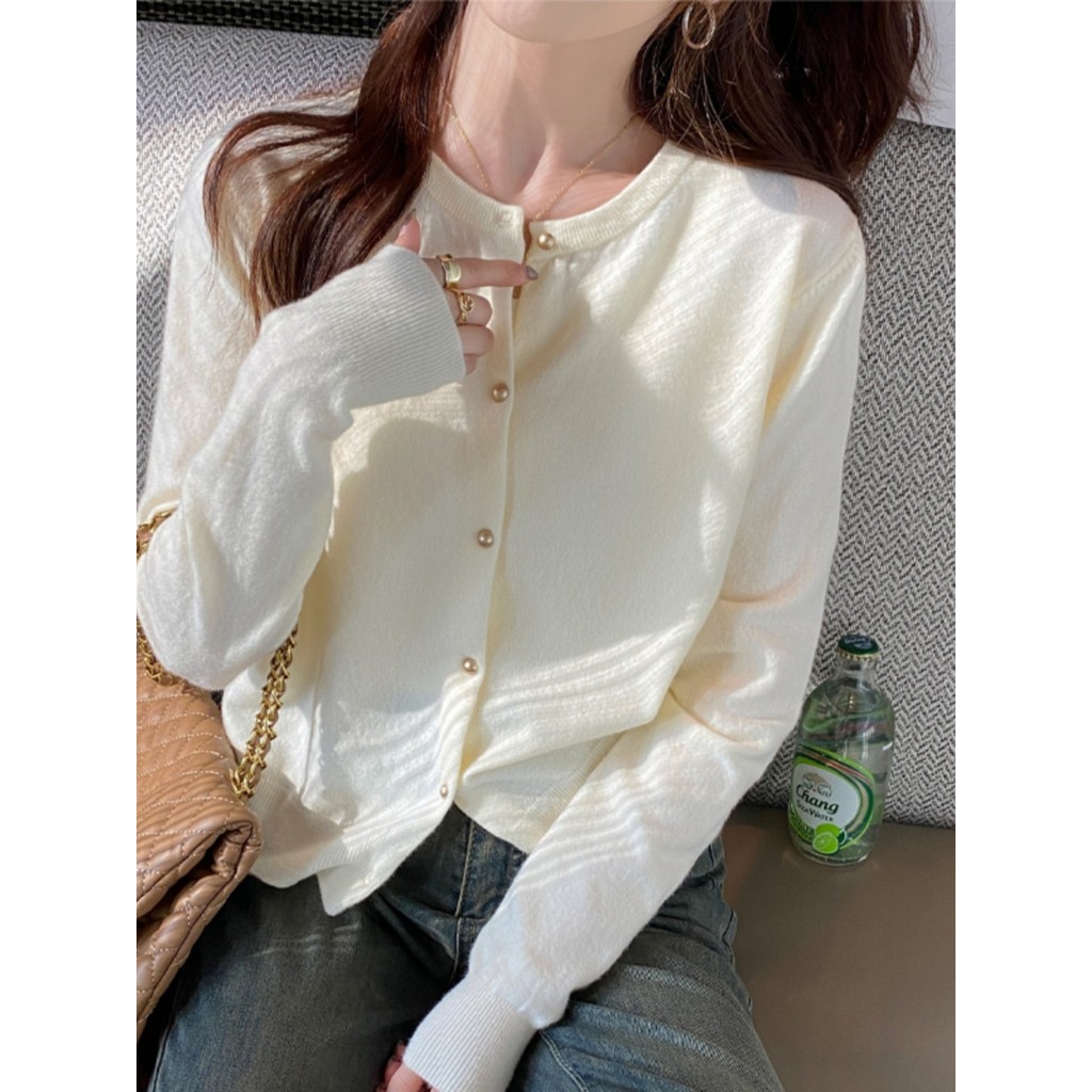 SUXI Casual Đơn Giản Màu Trơn Slim Fit Pháp Retro Mới Dài Tay Dệt Kim Cardigan Áo Len Nữ 241006