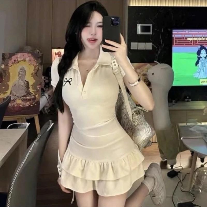 Đầm xoè ngắn nữ cổ polo thêu nơ KÈM QUẦN Đ555