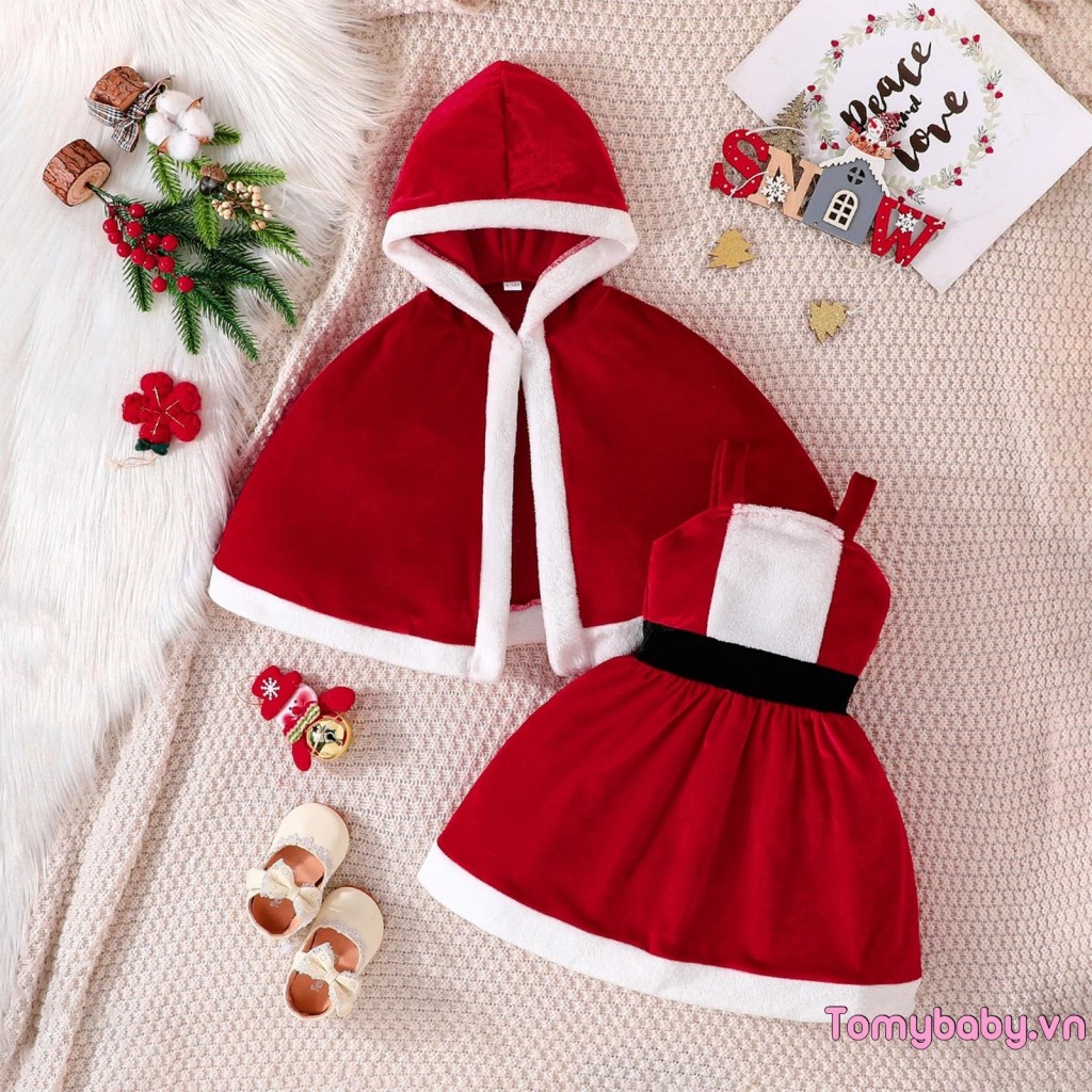 Bộ Giáng Sinh Bé Gái Santa Terry Viền Không Tay Chữ A Cami Dress + Trang Phục Áo Khoác Có Mũ Trùm Đầu