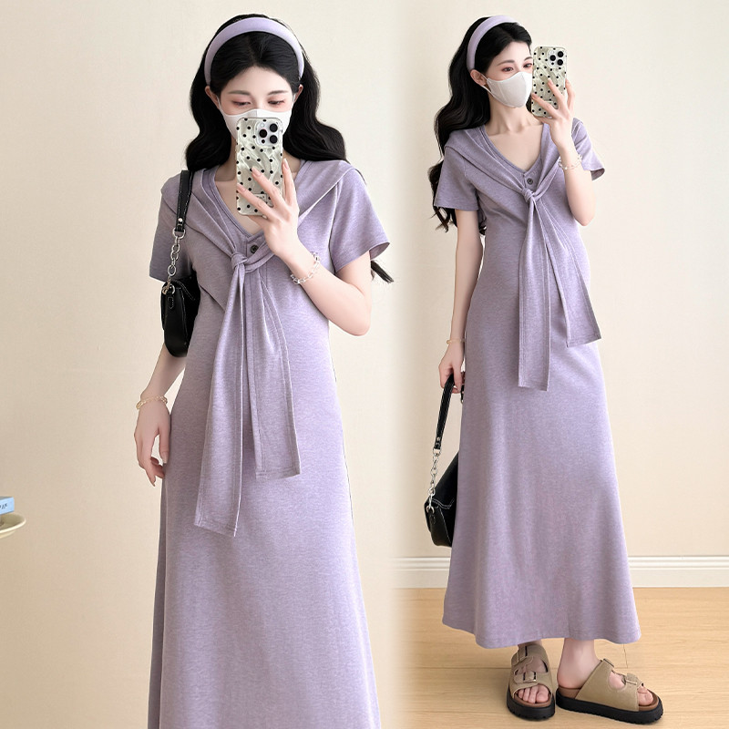 Bộ đồ bà bầu Váy dệt kim dài vừa phải khí chất mùa hè