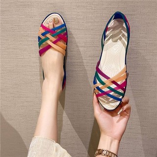 Giày Nữ Thạch Rỗng Peep Toe sandal Nữ Cross sandal Màu Kẹo Đi Biển Xăng đan Cầu Vồng