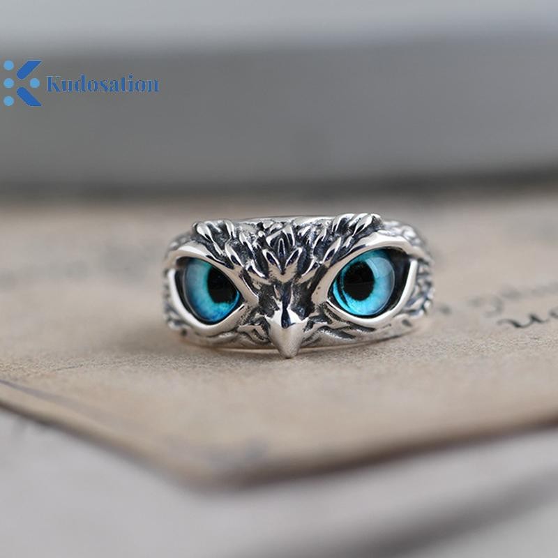 Kudosation Vintage Động Vật Mở Có Thể Điều Chỉnh Đôi Mắt Xanh Cú Nhẫn Nam Nữ Trang Sức Dự Tiệc Quà Tặng