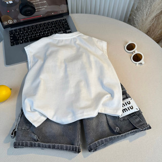 Bộ đồ bé trai mùa hè cá tính - Áo ba lỗ in chữ + quần short jean phong cách Hàn Quốc