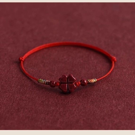 Vòng tay/vòng chân nam nữ từ cinnabar tự nhiên, thiết kế bốn lá cỏ ba lá dây đỏ, đơn giản và an toàn