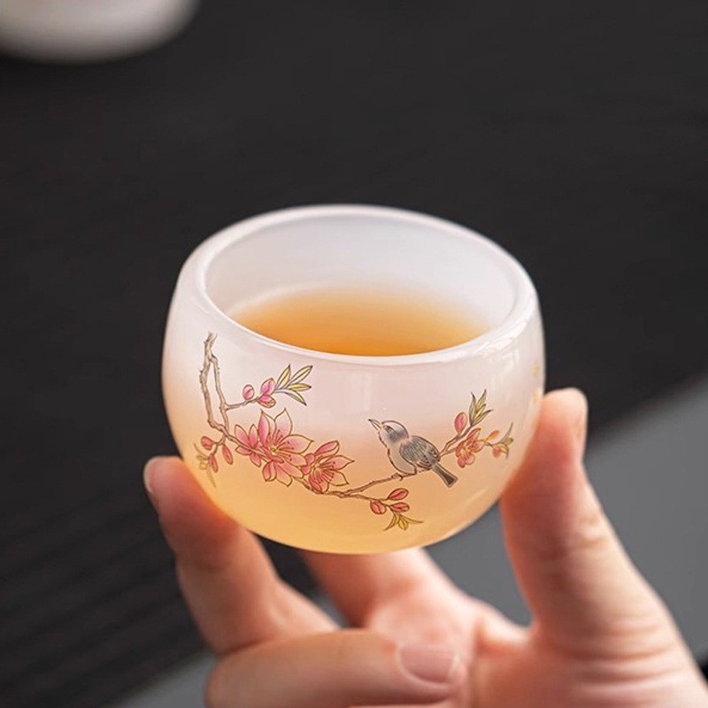 Chén Khải Tiềm Trà Bằng Ngọc Lưu Ly  Họa Tiết Hỷ Thượng My Sảo Cao Cấp Dùng Thưởng Trà