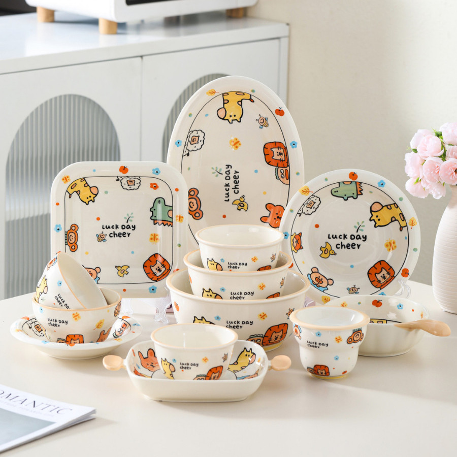 Bộ Bát Đĩa Sứ Hoạt Hình Dễ Thương, Bát Cơm, Đĩa Sứ Họa Tiết Đáng Yêu Cho Bé SET015