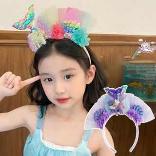 Trẻ Em Nhiều Màu Sắc Bật Sáng Đuôi Nàng Tiên Cá Băng Đô Bé Gái Đính Kim Sa Lấp Lánh Vỏ Biển Tulle Siêu Cổ Tích Phong Cách Công Chúa Hoa Tóc