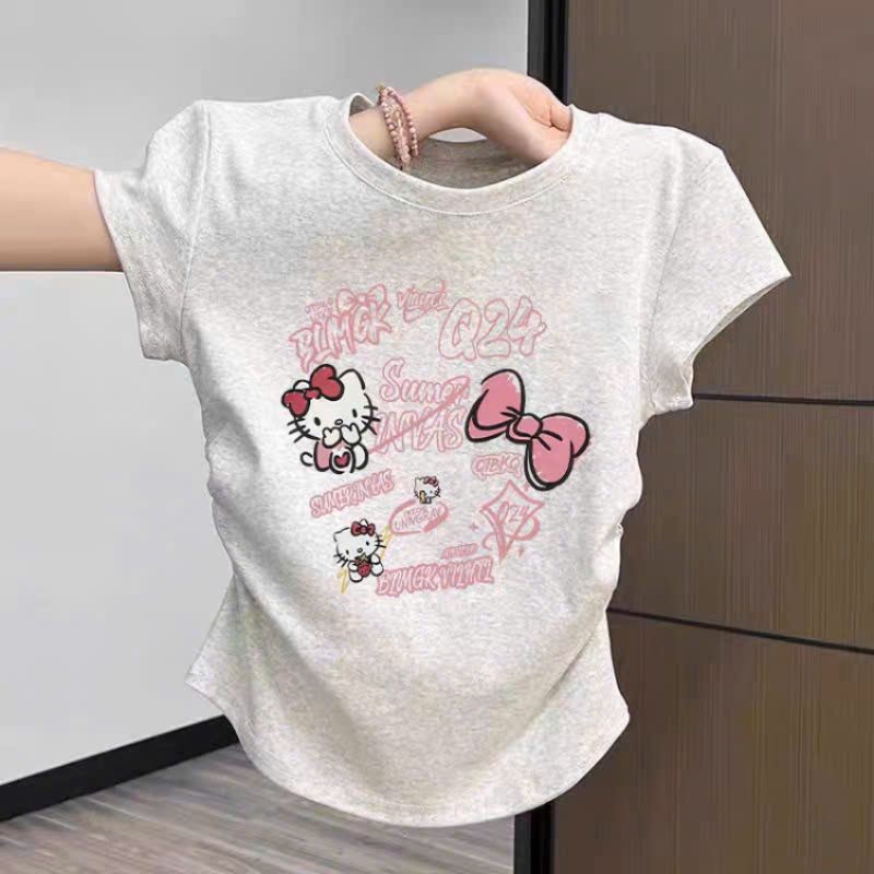 áo thun tăm croptop CHO BÉ GÁI 25kg-48kg ngắn cộc tay chất tăm lạnh-in hình mèo CUTE