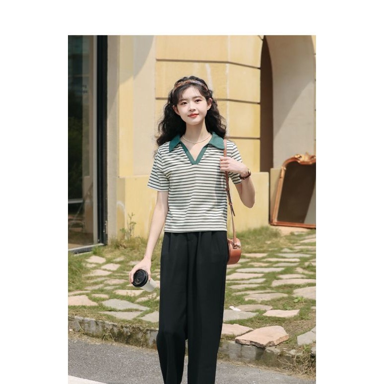 Mutu Nhật Bản Retro Polo cổ sọc, áo thun nữ, xu hướng thời trang hè mới nhất 2025