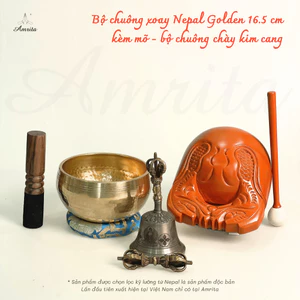 Bộ chuông xoay Nepal Golden kèm mõ - bộ chuông chày kim cang - Chuông xoay Tây Tạng -Chuông Mõ Phật Giáo-CXNP99
