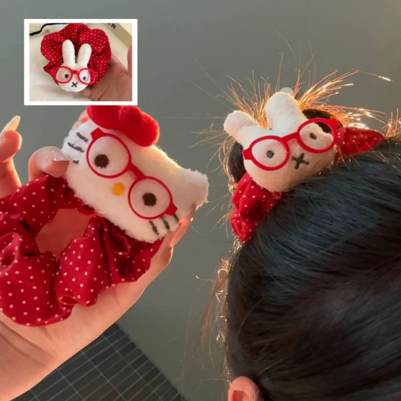 Vòng tóc thỏ hoạt hình chấm bi đỏ, kính xinh, phù hợp tóc đuôi ngựa và búi tóc