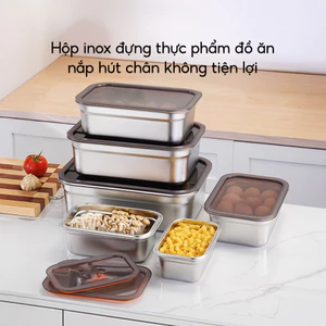 Hộp Đựng Thực Phẩm Inox Có Nắp Đậy Khay Đựng Đồ Ăn Để Tủ Lạnh Ngăn Mùi Bảo Quản Rau Củ Thịt