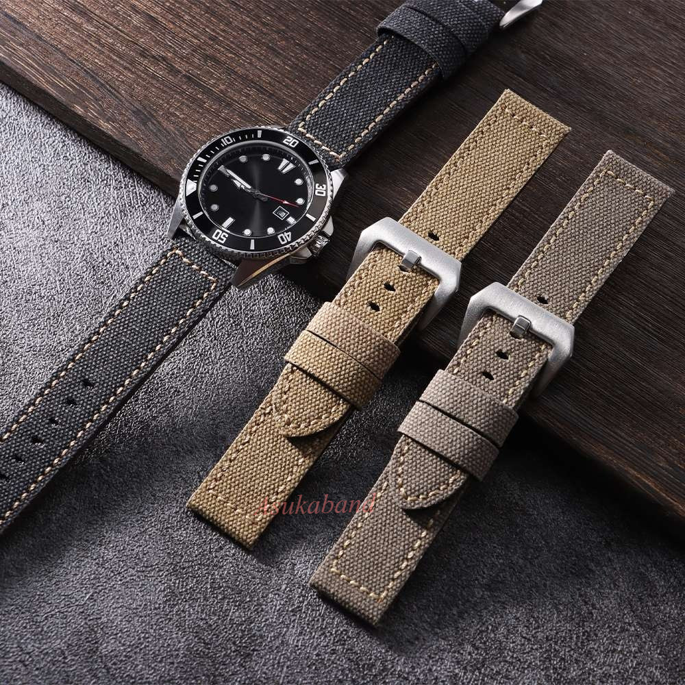 Vintage Vải Da Dây Đeo Đồng Hồ 20mm 22mm 24mm Flax Nylon Chính Hãng Da Bò Đồng Hồ Vòng Tay Dành Cho Nam Nữ Vải Đen Dây Đeo Đồng Hồ Đa Năng Thay Thế
