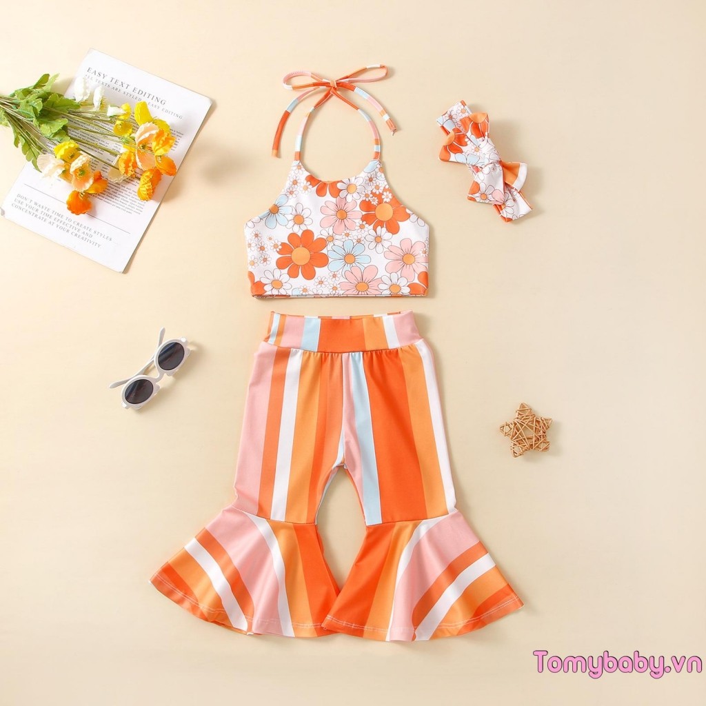 Bộ 3 trang phục mùa hè cho bé gái mới biết đi Áo hai dây in hoa + Quần loe sọc + Bộ băng đô nơ