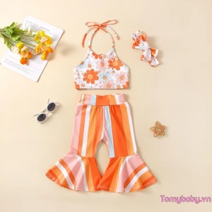 Bộ 3 trang phục mùa hè cho bé gái mới biết đi Áo hai dây in hoa + Quần loe sọc + Bộ băng đô nơ