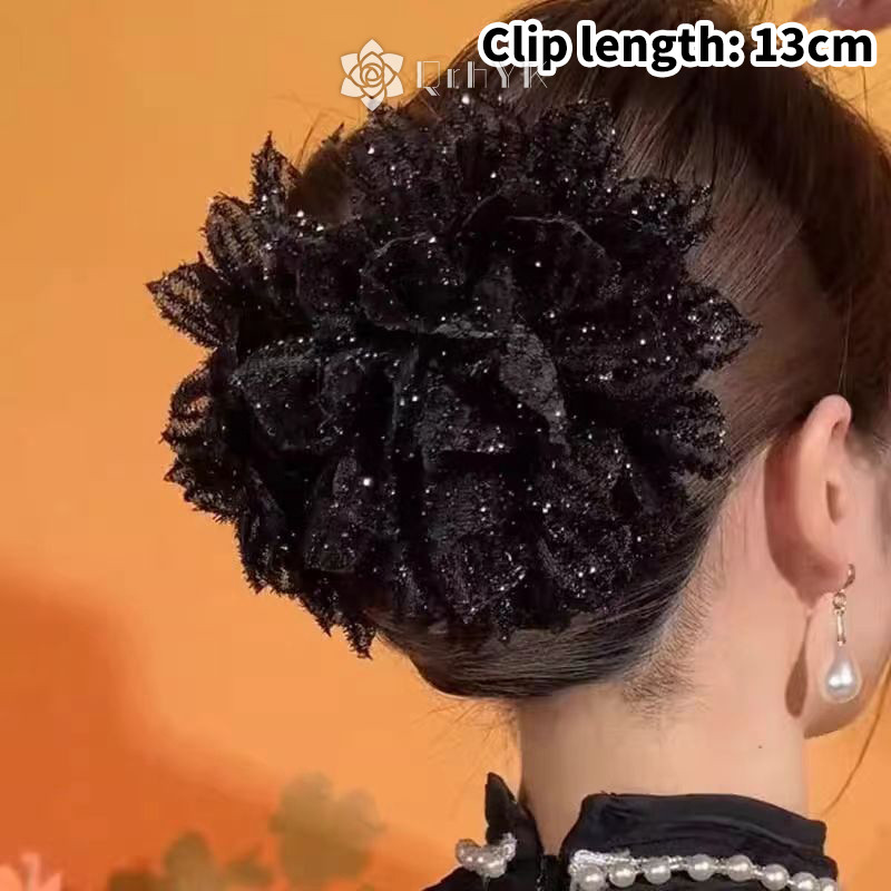 Qrhyk Thời Trang Lưới Đen Hoa Nữ Đuôi Ngựa Kẹp Mũ Đội Đầu Tính Khí Hoa Tóc Móng Vuốt Mũ Phụ Kiện Tóc Mới