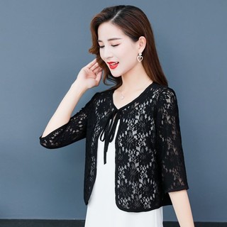 Khăn choàng ren phối bên ngoài áo cardigan thời trang cỡ lớn thon gọn rộng rãi cho nữ áo khoác dễ phối mẫu ngắn chống nắng rỗng áo mùa hè