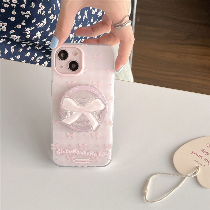 Pink Girl Bow Giá đỡ từ tính Vỏ điện thoại Apple tươi nhỏ Thích hợp cho iphone16 / 15 / 14promax12 / 13 / 11