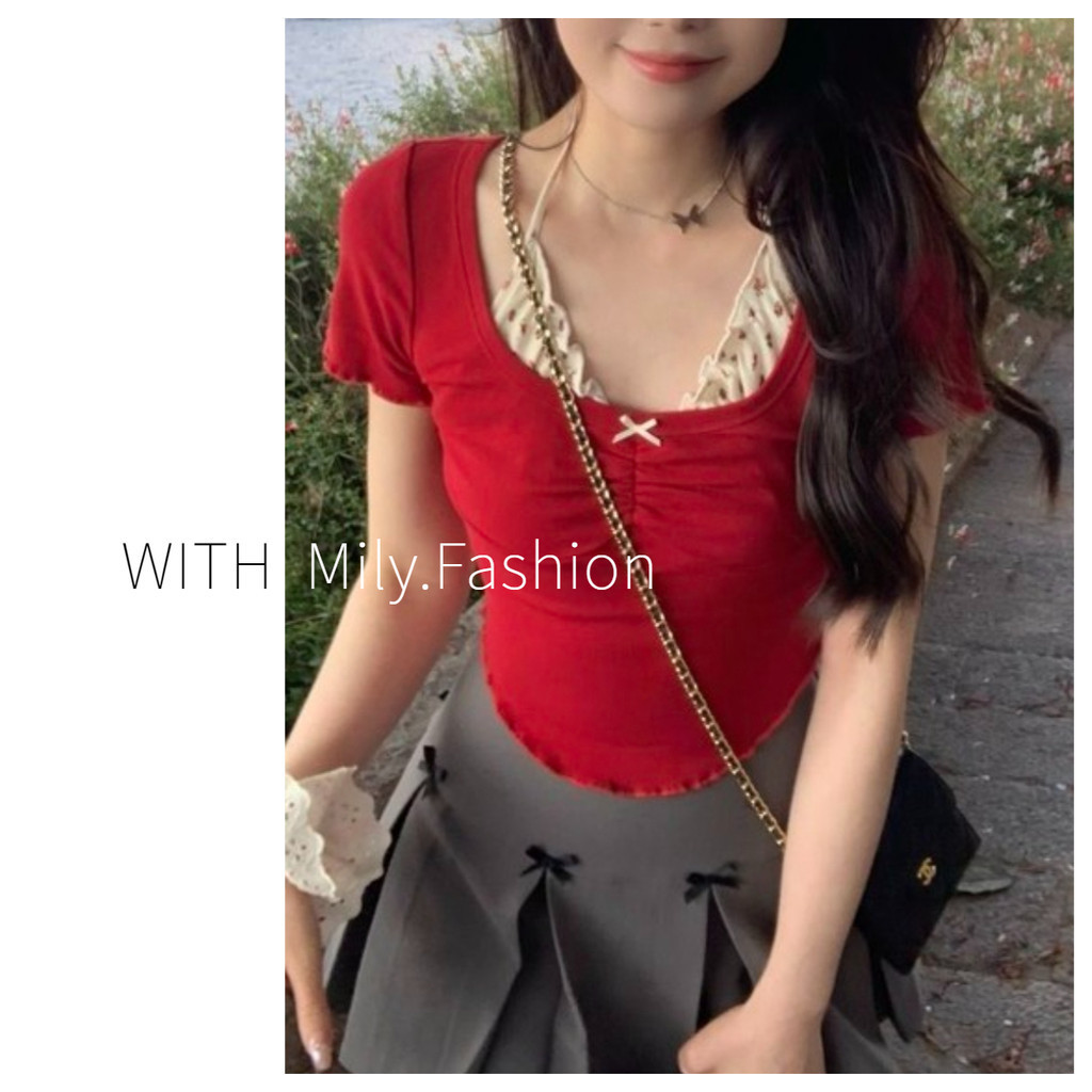 Milyfashion Sweet Dream Ballet Hoa Khâu Nấm Top Slimer Look Pure Desire Style Dây Cổ Màu Sắc Tương Phản Giả Hai Mảnh Tay Ngắn T @