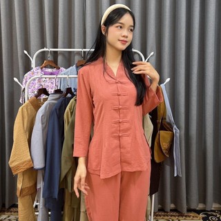 Set đồ bộ nữ lam đi chùa cổ bà lai nút thắt vải đũi