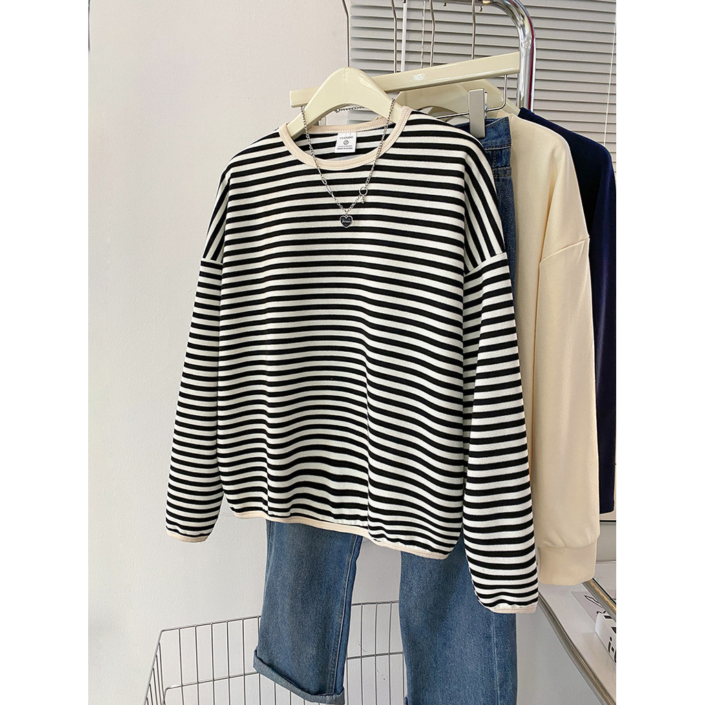 SUXI Cotton Retro Sọc Rời Thu Đông Mới Cổ Tròn Dài Tay Áo 240809