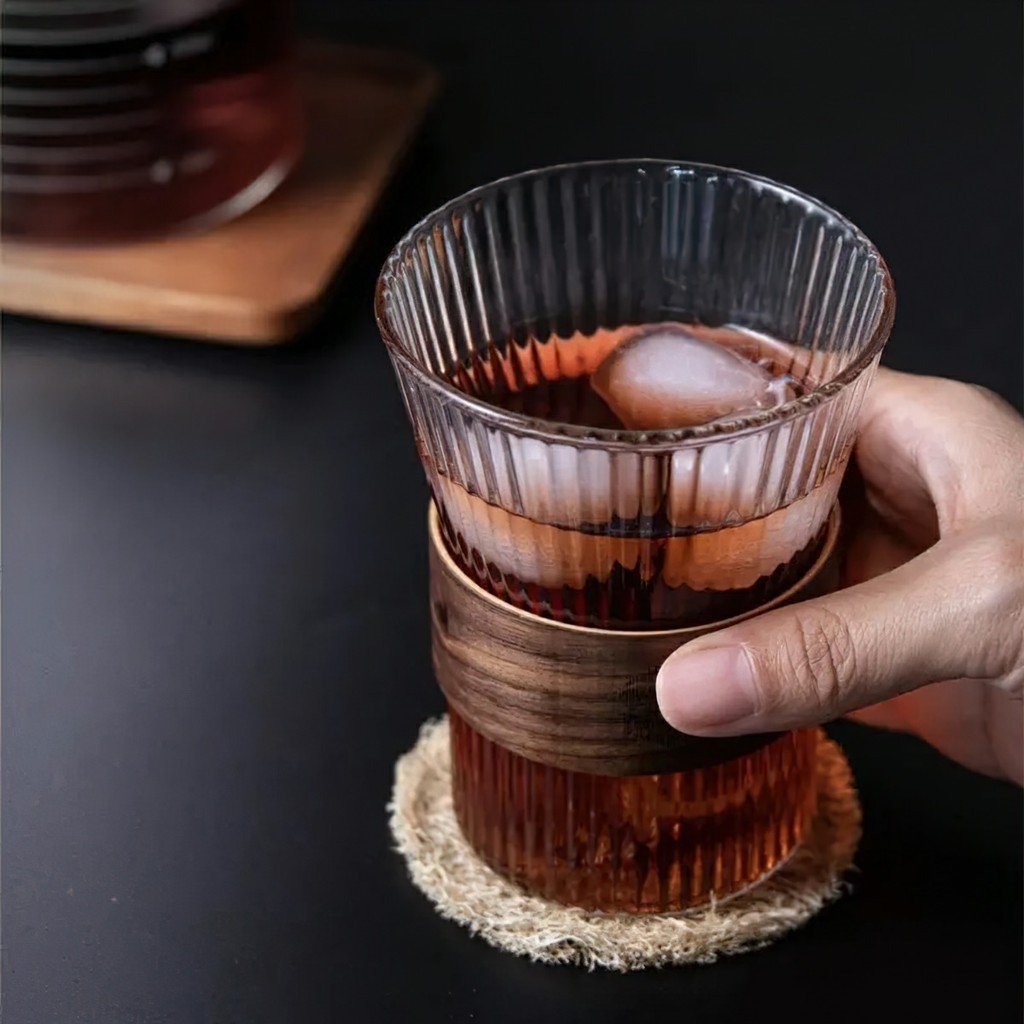 Ly Thủy Tinh Chịu Nhiệt Có Vòng Gỗ Chống Nóng - Ly trà, Cốc Coffee Độc Đáo Dung Tích FE123
