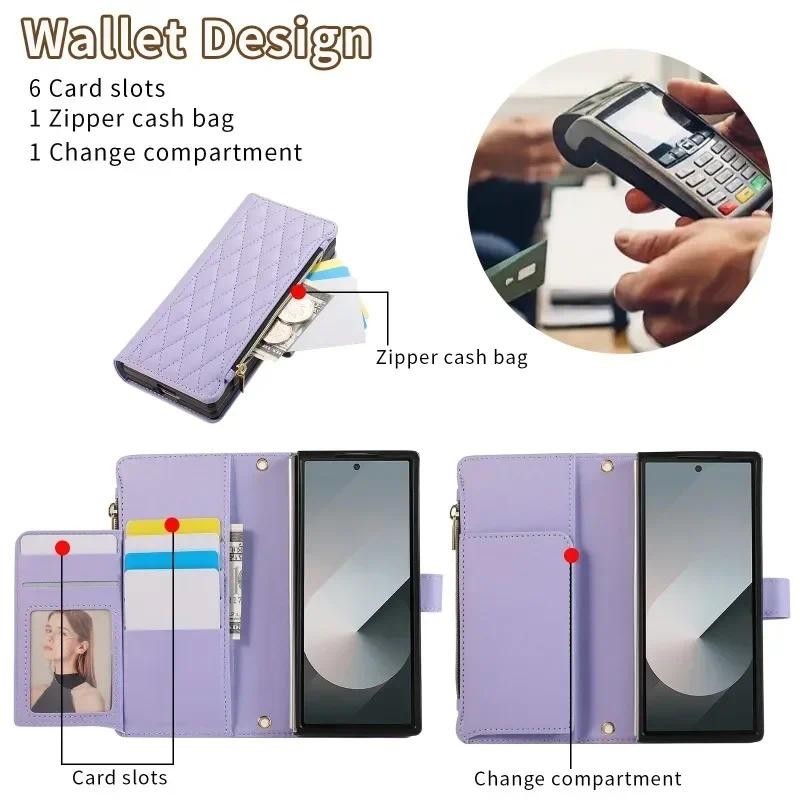 Ốp điện thoại đeo cổ tay đeo chéo cho Samsung Galaxy Z Fold 6 5 4 3 Fold6 Fold5 Fold4 Fold3 Ví có ngăn đựng thẻ Bao da