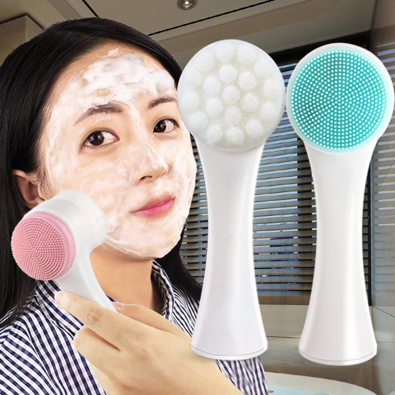 Bàn chải rửa mặt hai mặt Silica Gel, loại bỏ mụn đầu đen, làm sạch lỗ chân lông, tẩy tế bào chết